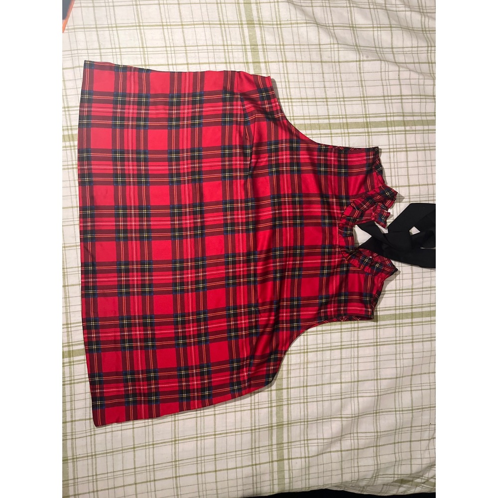 J. Crew Tartan Red Plaid Ruffle Neck Keyhole Back Tank‎ Top Plus Size 3X